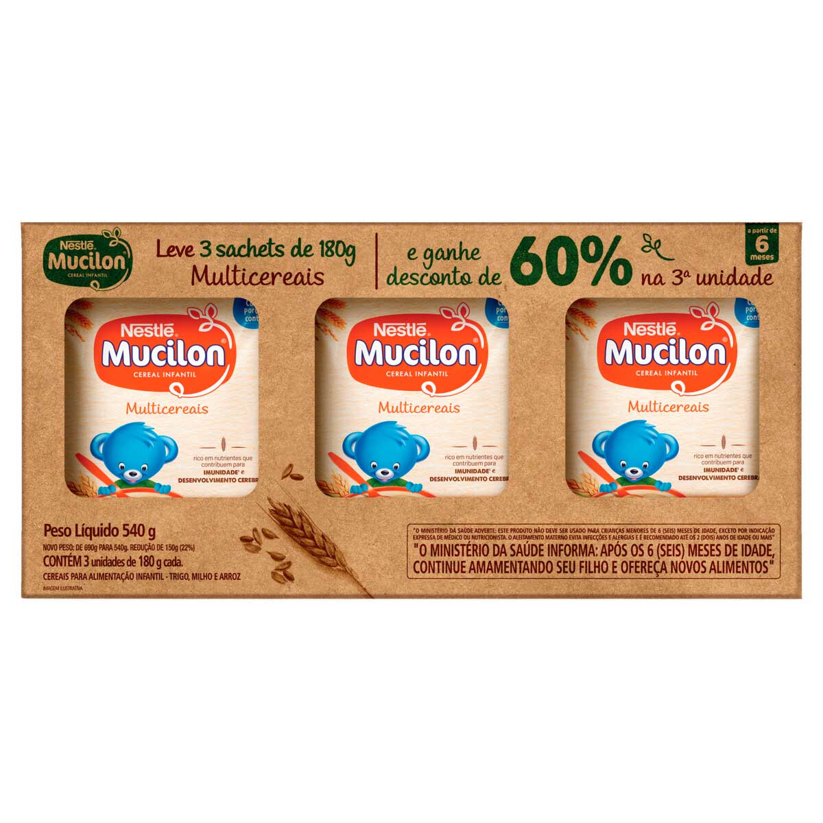 Pack Cereal Infantil Multicereais Mucilon 540g 3 Unidades Grátis Desconto de 60% na 3ª Unidade