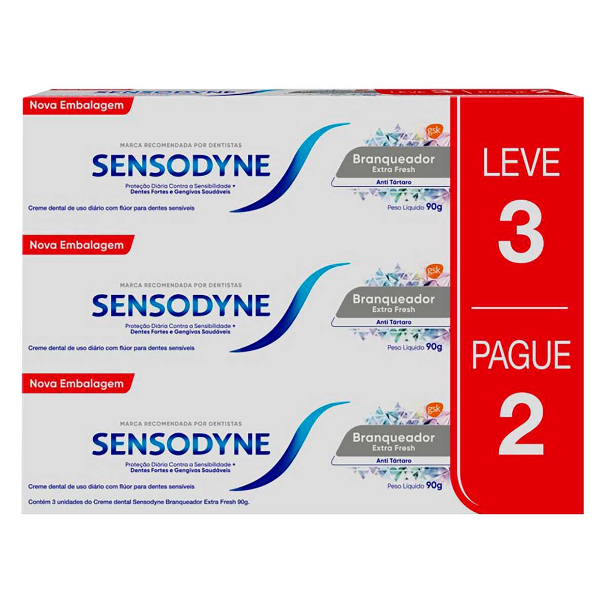 Kit Creme Dental Para Dentes Sensíveis Sensodyne Branqueador Extra Fresh Leve 3 Pague 2 90g Cada