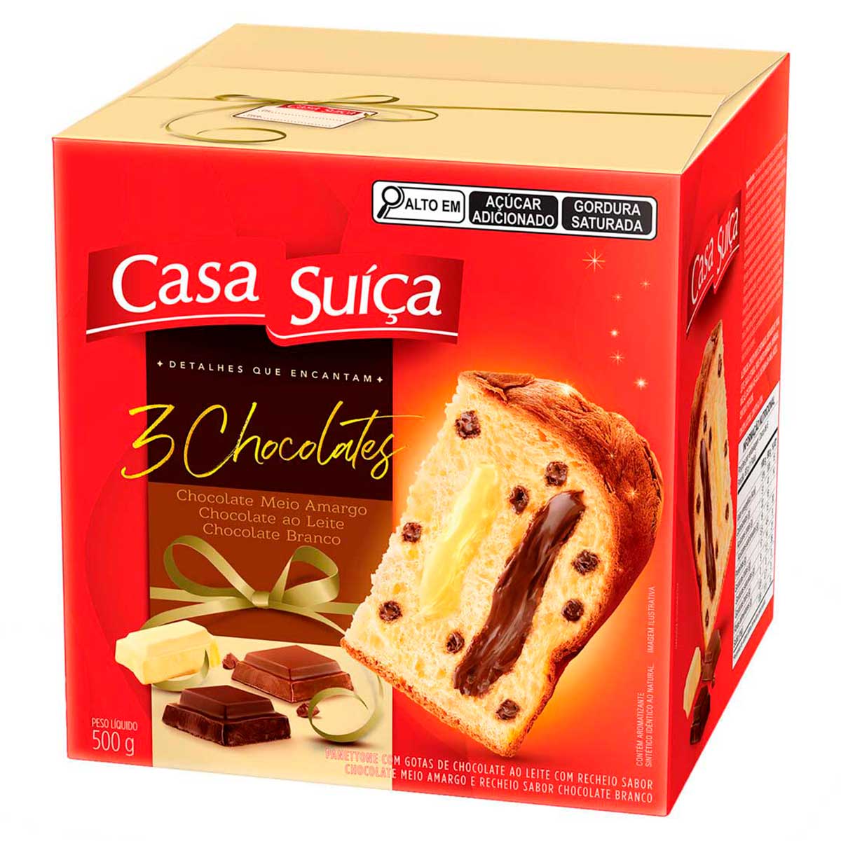 Panettone com Gotas de Chocolate ao Leite Recheio 3 Chocolates Casa Suíça Caixa 500 g