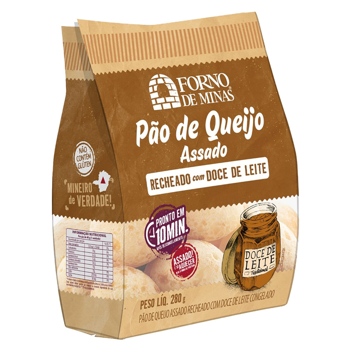 Pão de Queijo Assado Congelado Recheio Doce de Leite Forno de Minas Pacote 280 g