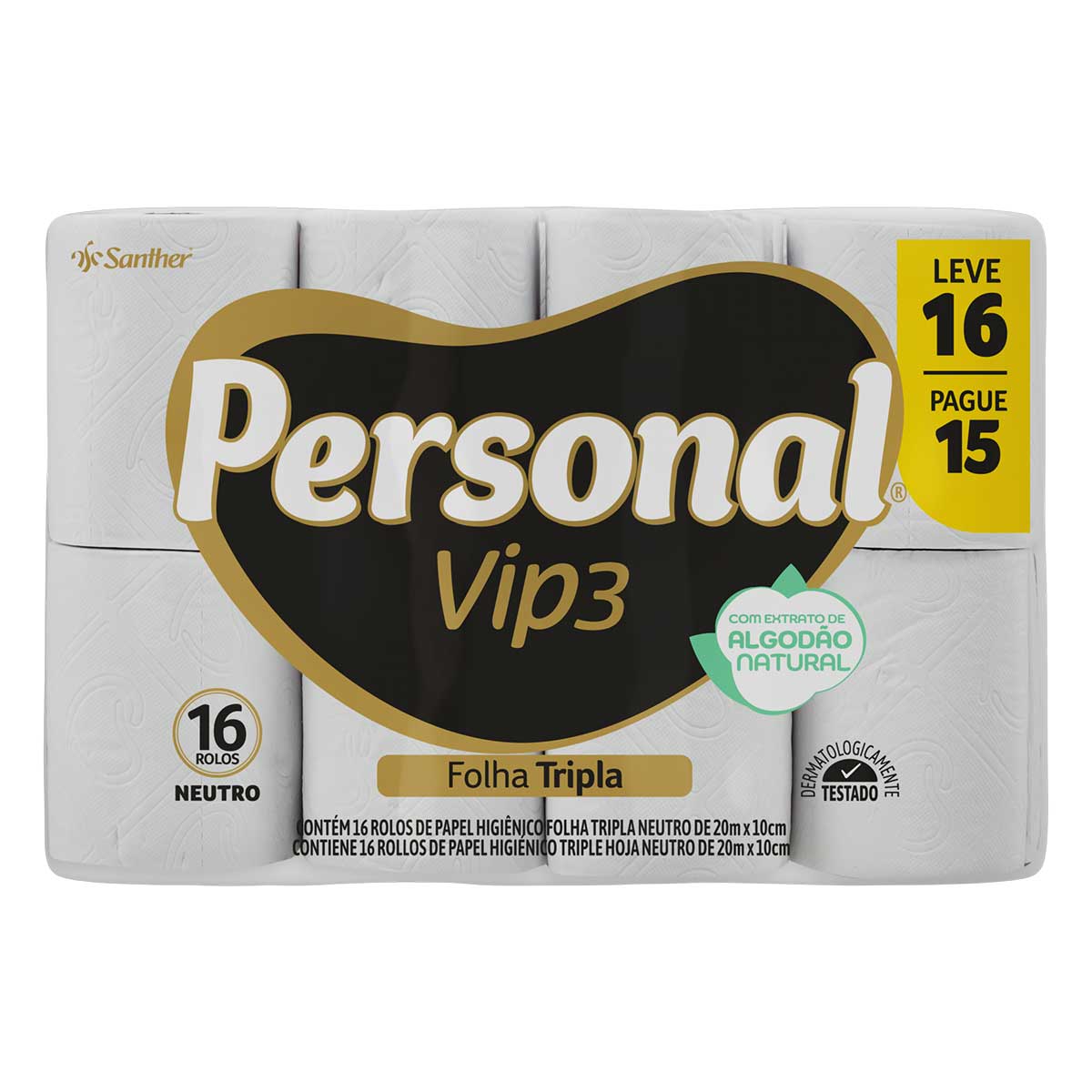 Papel Higiênico Folha Tripla Neutro Personal Vip3 20 Metros Leve 16 Pague 15 Unidades