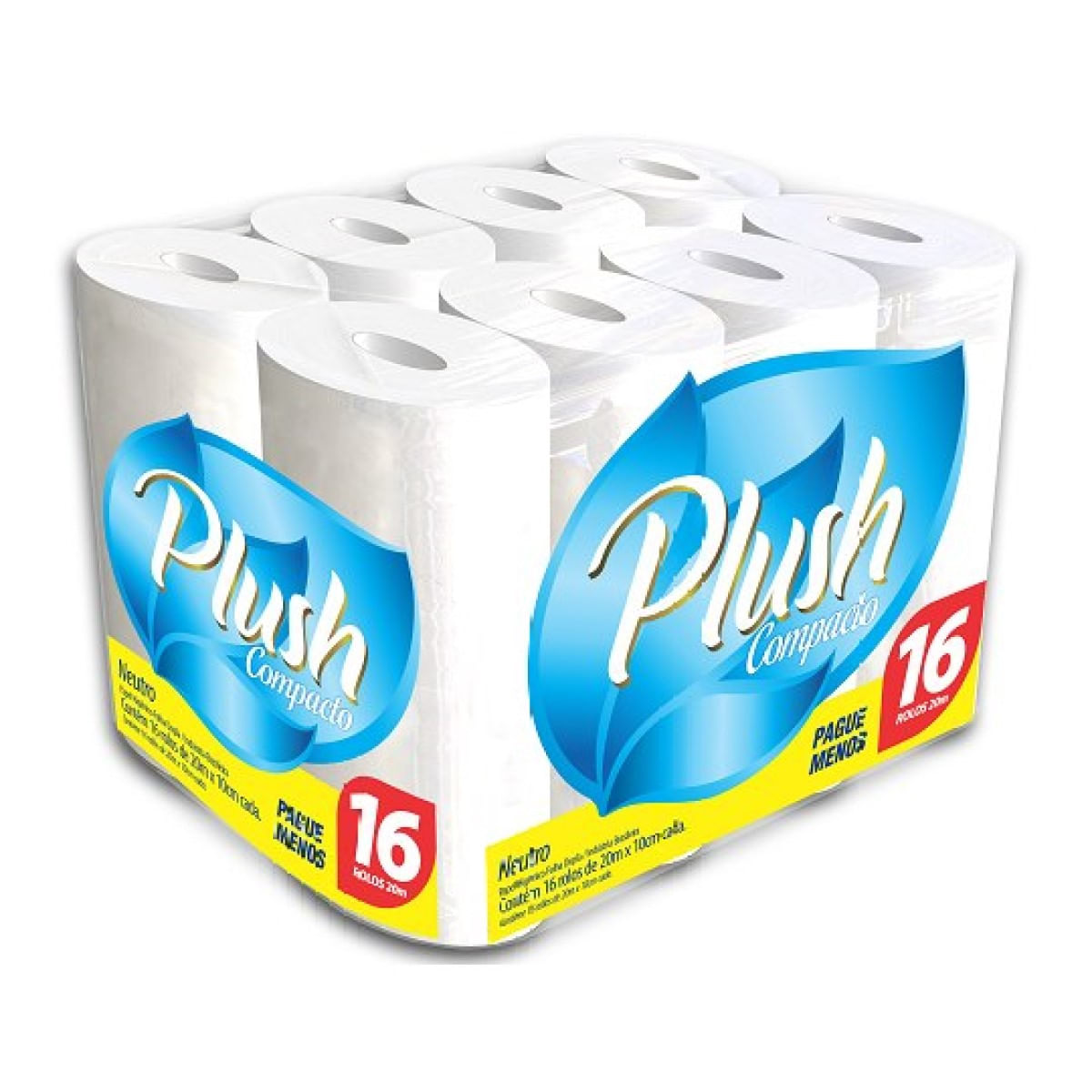 Papel Higiênico Folha Dupla 20 Metros Plush Compacto Neutro com 16 Unidades