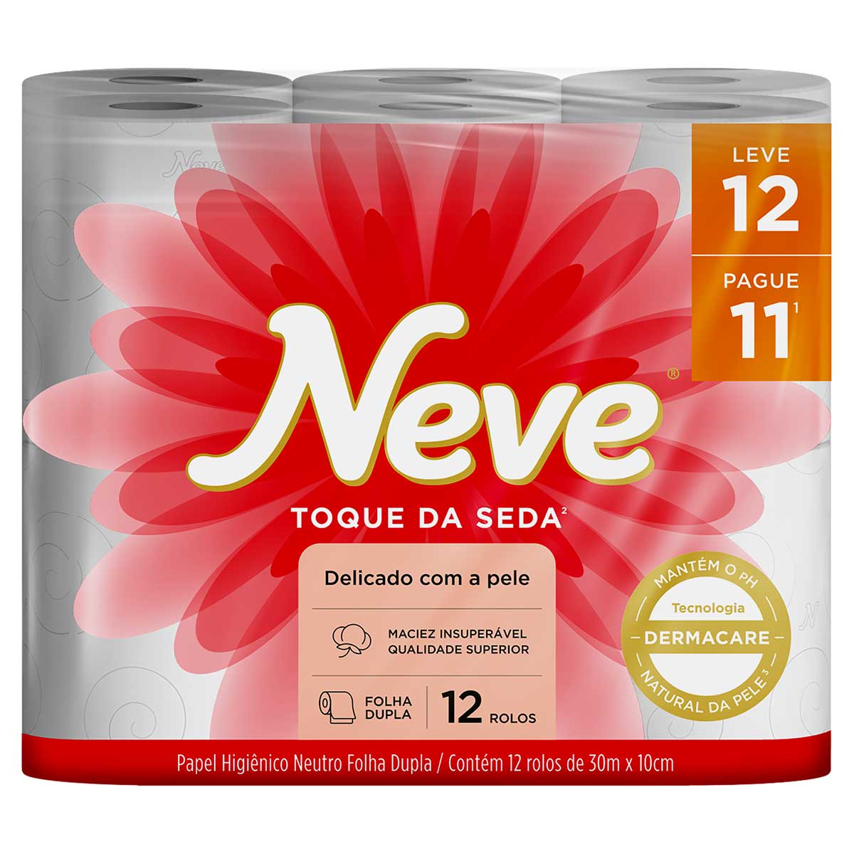 Papel Higiênico Folha Dupla Neutro Neve Toque da Seda 30 Metros Leve 12 Pague 11 Unidades