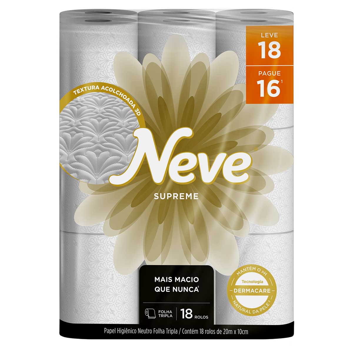 Papel Higiênico Folha Tripla Neutro Neve Supreme 20 Metros Leve 18 Pague 16 Unidades