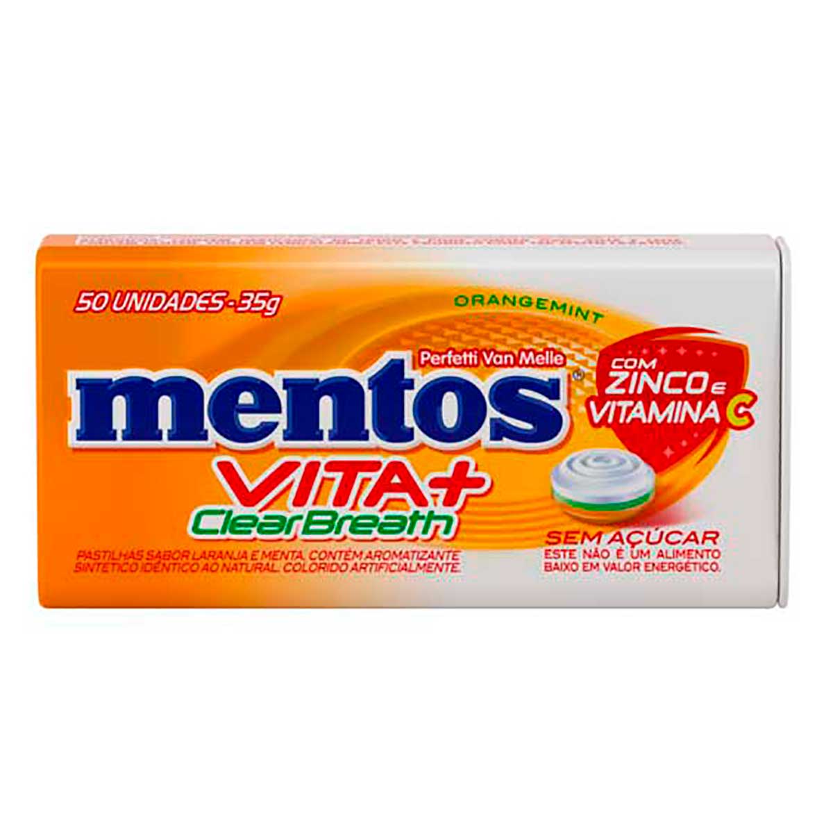 Pastilha Laranja e Menta com Zinco e Vitamina C Zero Açúcar Mentos Vita + Clear Breath 35g 50 Unidades