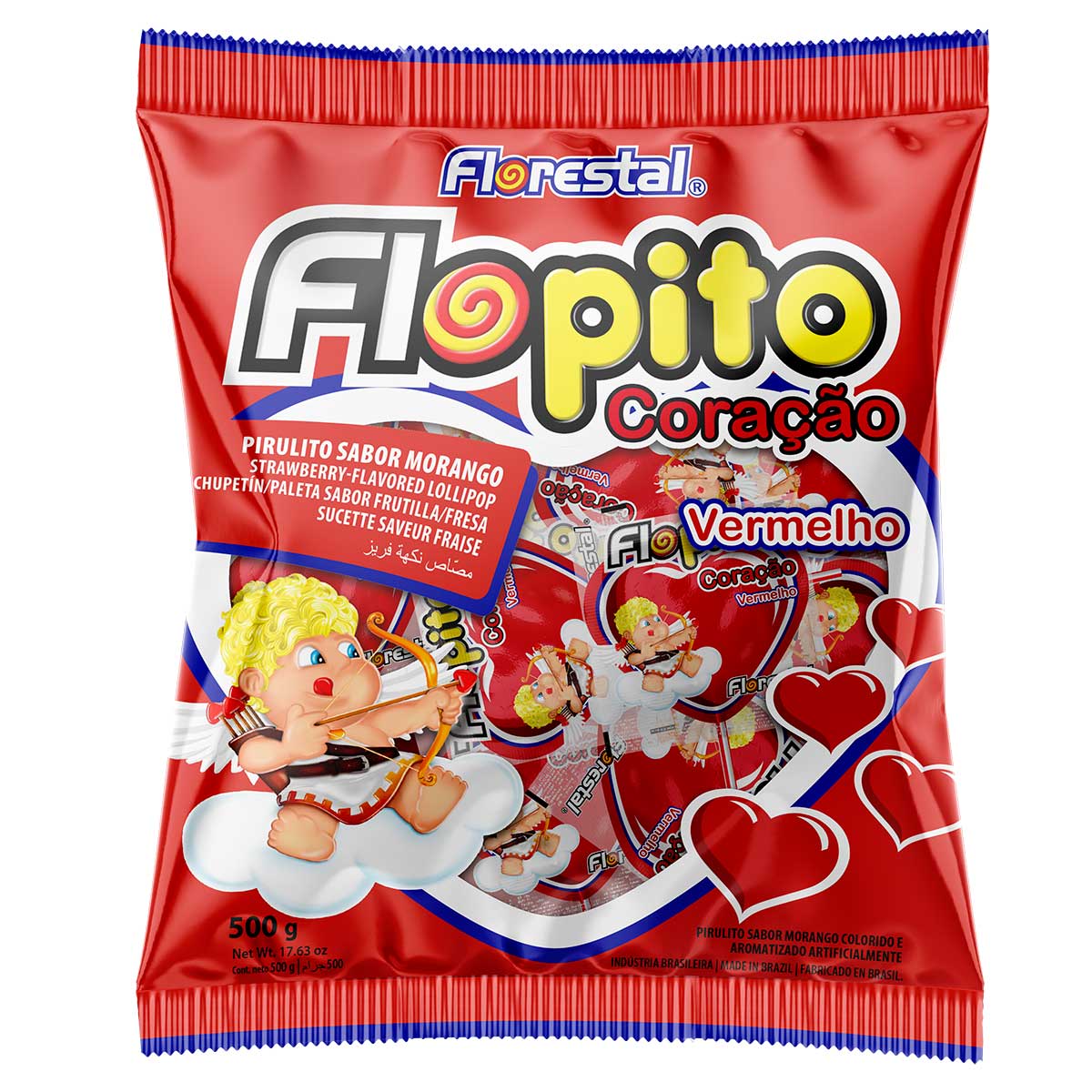 Pirulito Sabor Morango Flopito Coração com 26 Unidades