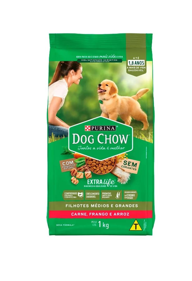 Ração Dog Chow para Cães Filhotes de Porte Médio e Grande Sabor Carne Frango e Arroz