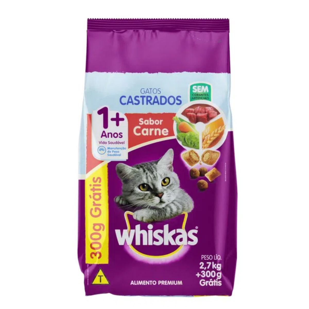 Ração para Gatos Castrados + 1 ano Whiskas Carne 3kg. 2,7 kg + 300 g