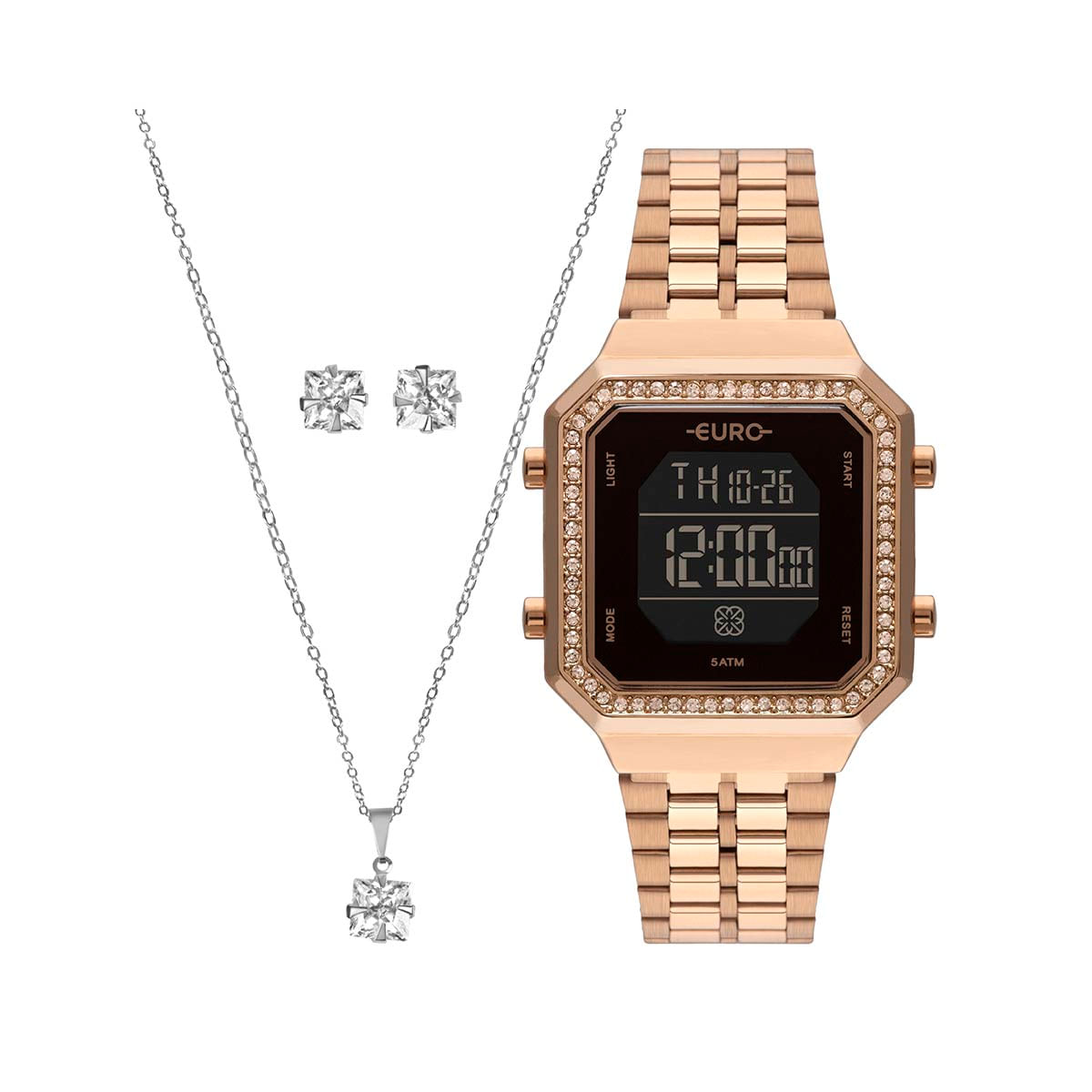 Relógio Euro Feminino Fashion Fit Diamond Rosé EUBJK032AA/K4P + Colar e Brincos