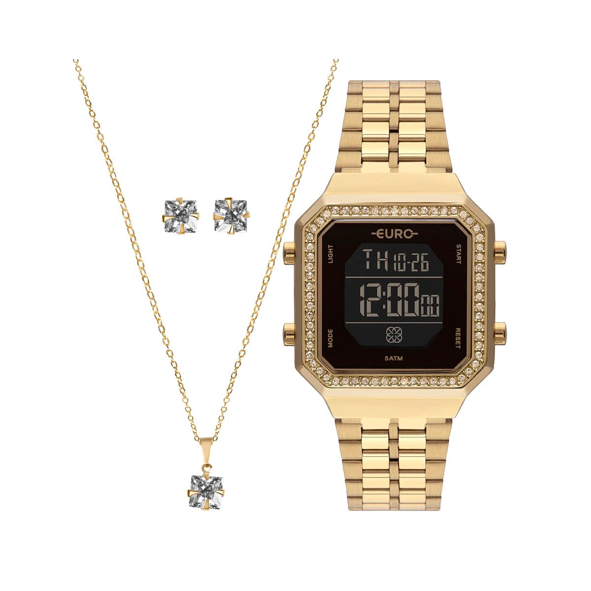 Relógio Euro Feminino Fashion Fit Diamond Dourado EUBJK032AB/K4P + Colar e Brincos