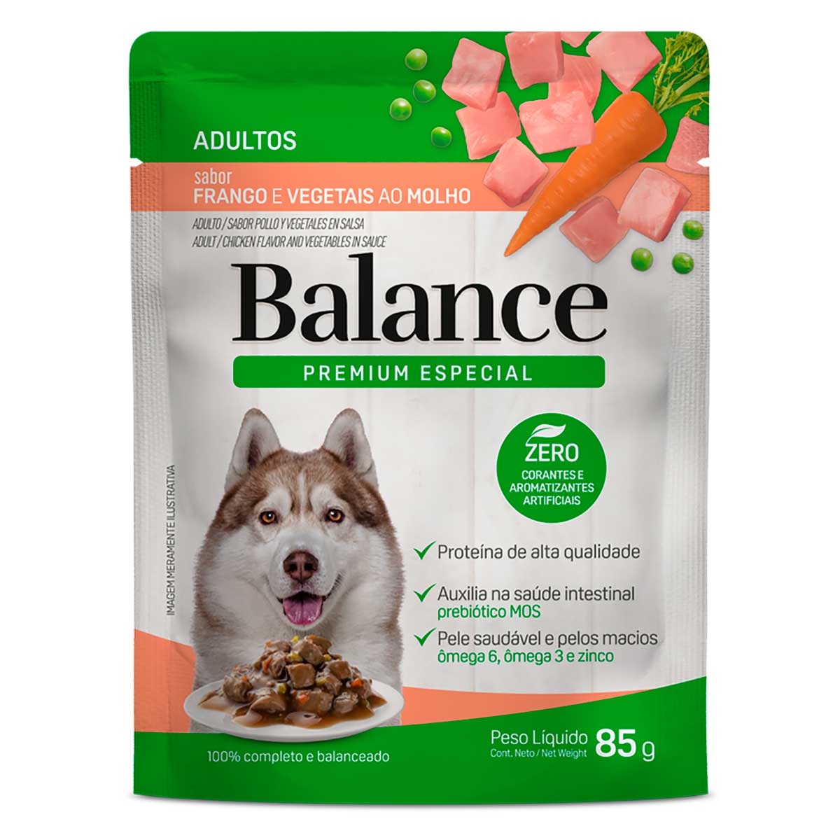 Ração Úmida para Cães Adultos Sabor Frango e Vegetais ao Molho Premium Especial Balance Sachê 85g