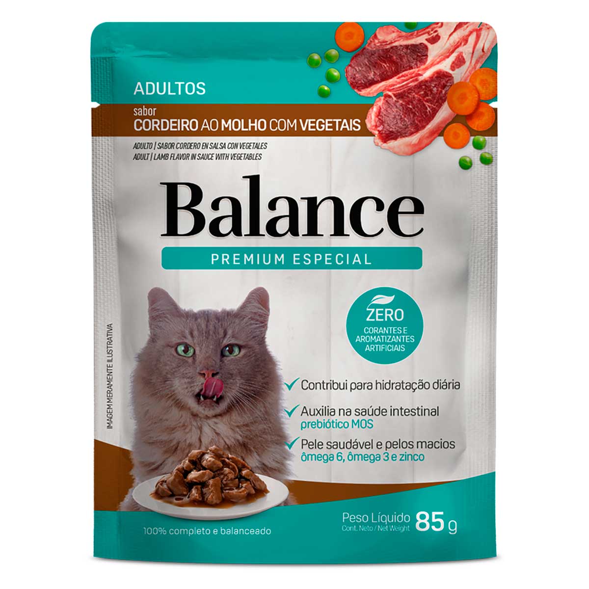 Ração Úmida para Gatos Adultos Sabor Cordeiro ao Molho com Vegetais Premium Especial Balance Sachê 85g