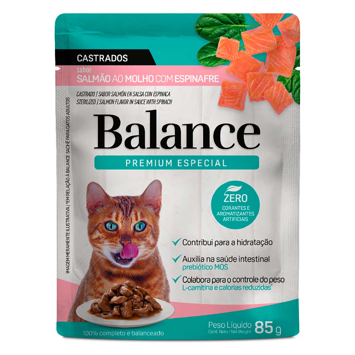 Ração Úmida para Gatos Castrados Sabor Salmão ao Molho com Espinafre Premium Especial Balance Sachê 85g