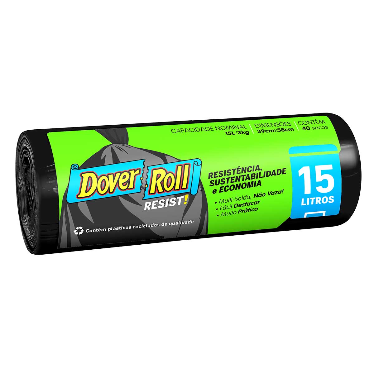 Saco de Lixo Dover Roll Resist! Preto com 40 Unidades de 15 Litros