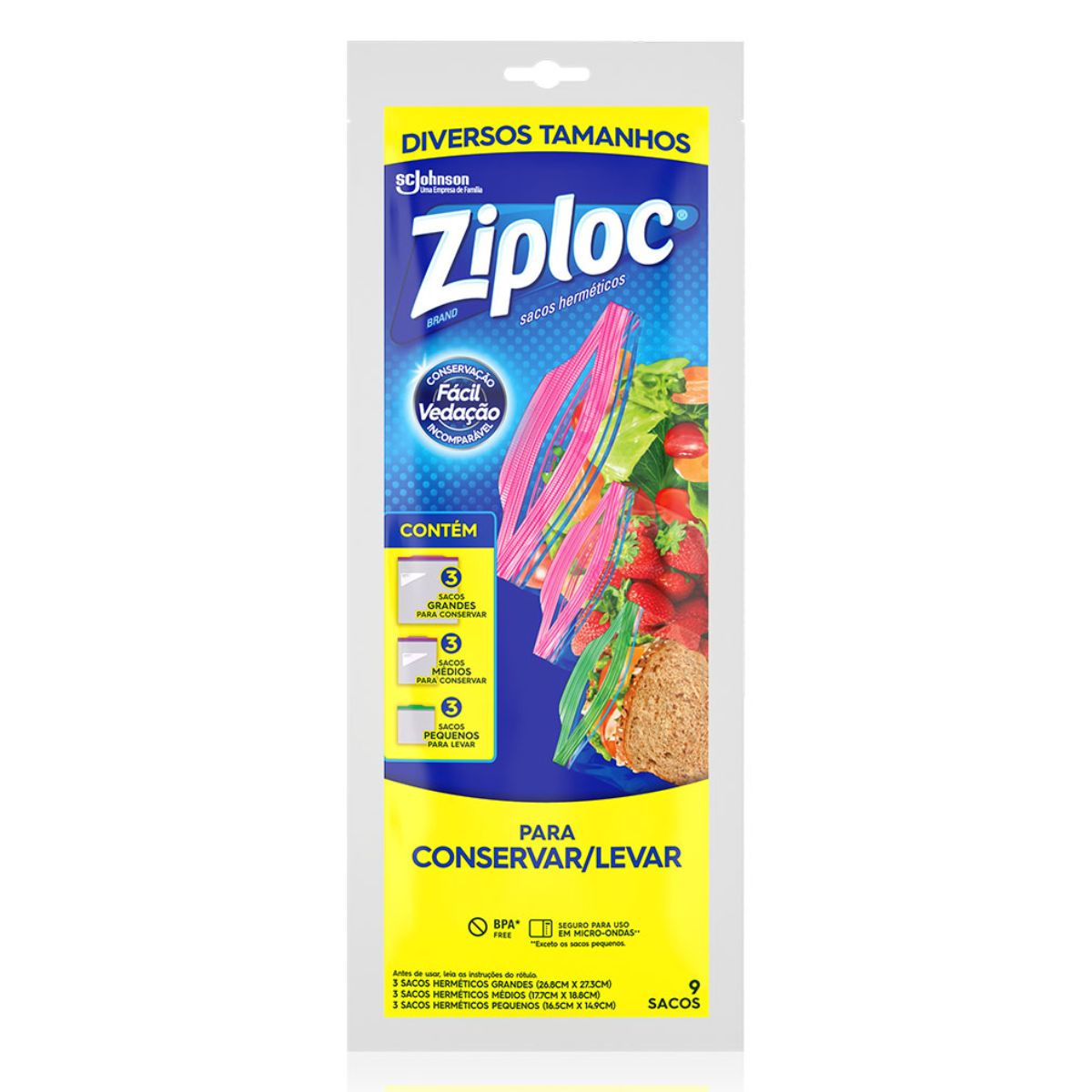 Saco Hermético Tamanhos Diversos para Conservar Ziploc com 9 Unidades