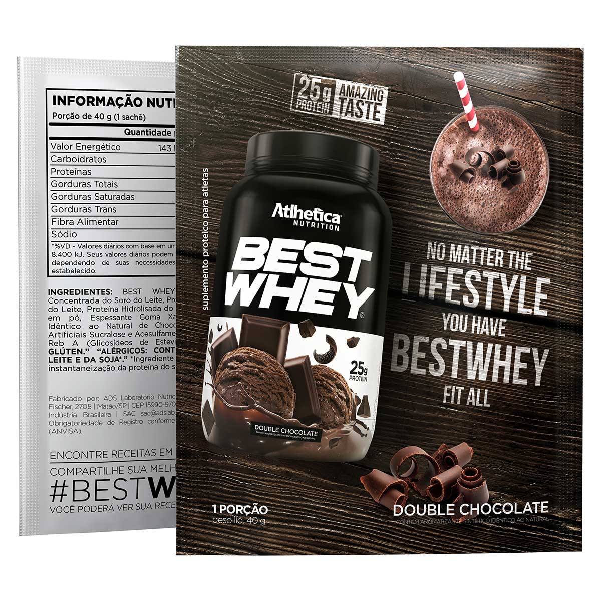 Suplemento Best Whey Protein Double Chocolate Atlhetica Nutrition 40 g