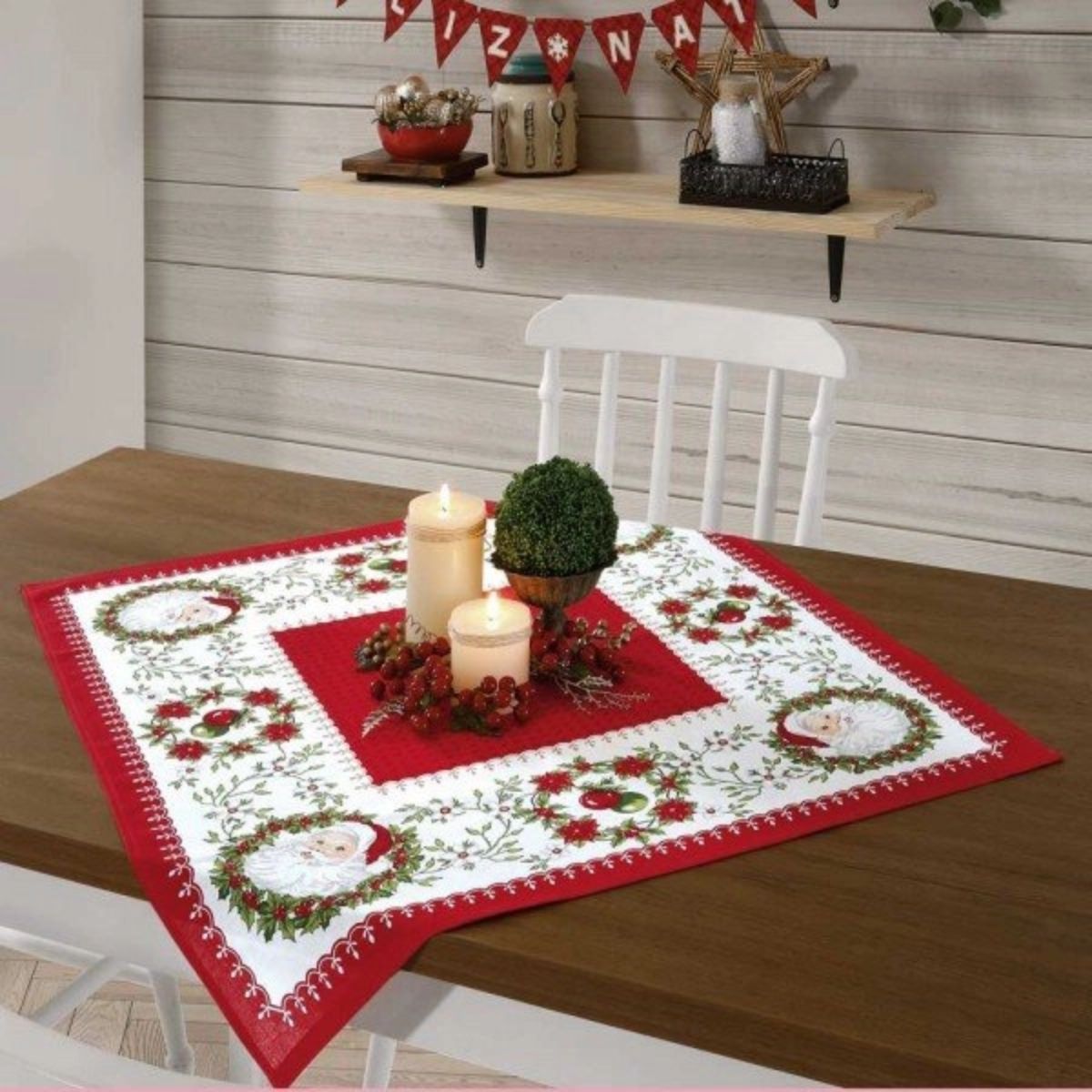 Toalha de Chá para Mesa Papai Noel Quadrada Algodão 78x78 cm Dohler Natal 91 Vermelha e Branca