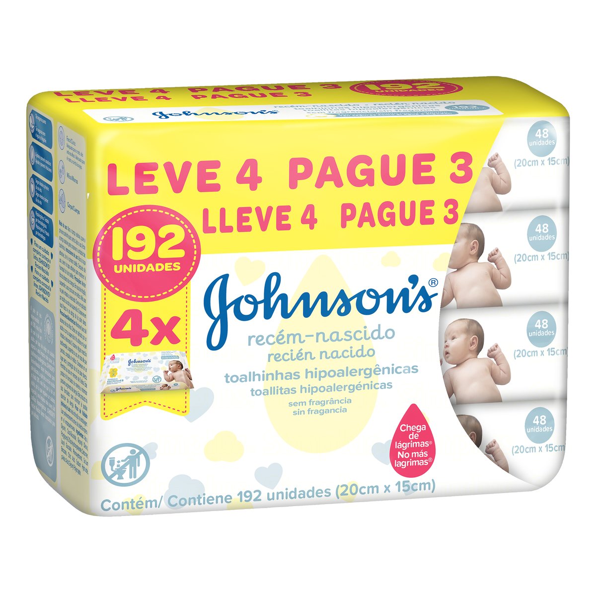 Pack Toalha Umedecida Recém-Nascido sem Perfume Johnson&apos;s Baby Pacote Leve 4 Pague 3 Unidades