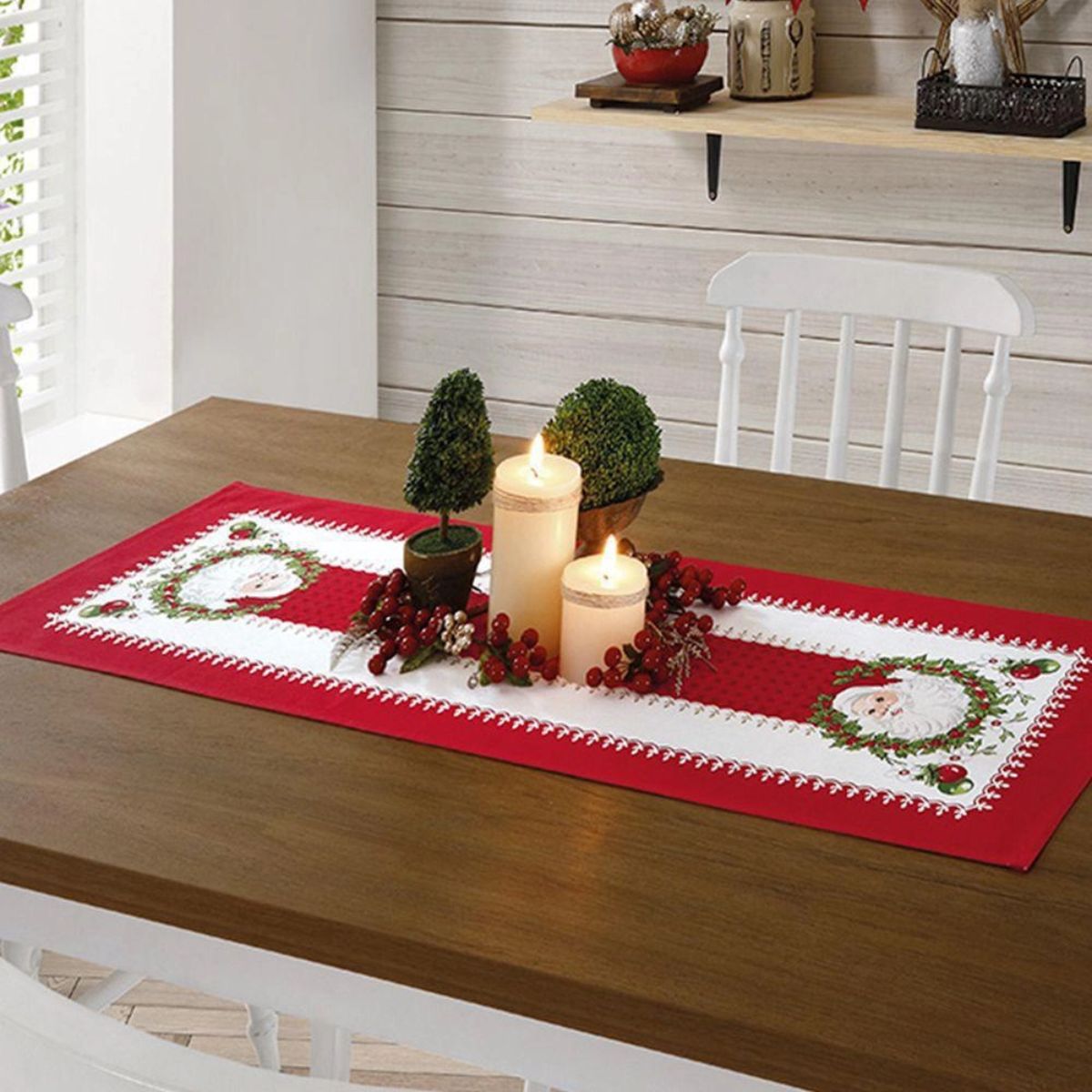 Trilho de Mesa Papai Noel Retangular Algodão 35x1 m Dohler Athenas Natal 91 Vermelho e Branco