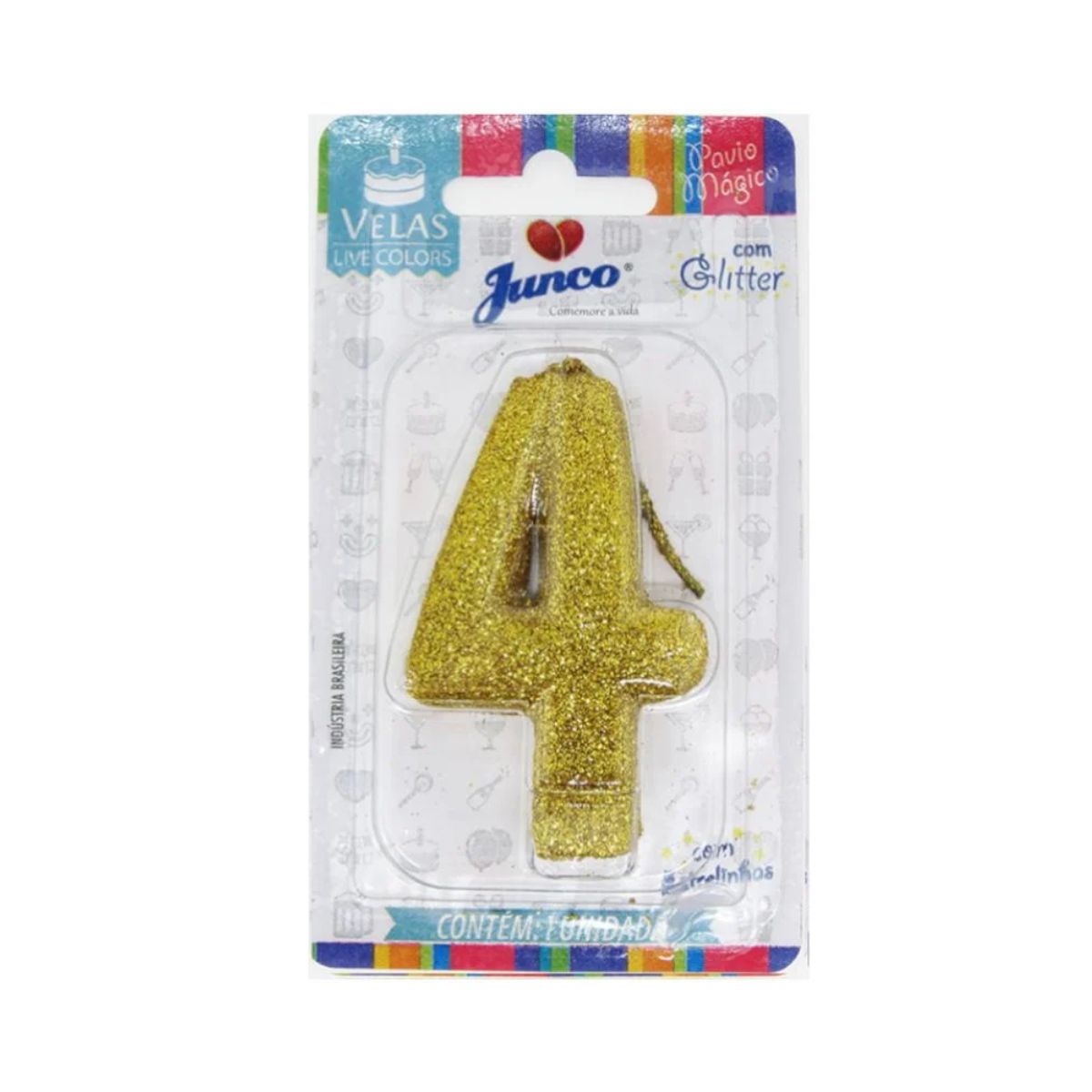 Vela de Aniversário Live Colors com Glitter Junco N.4 Ouro Unidade