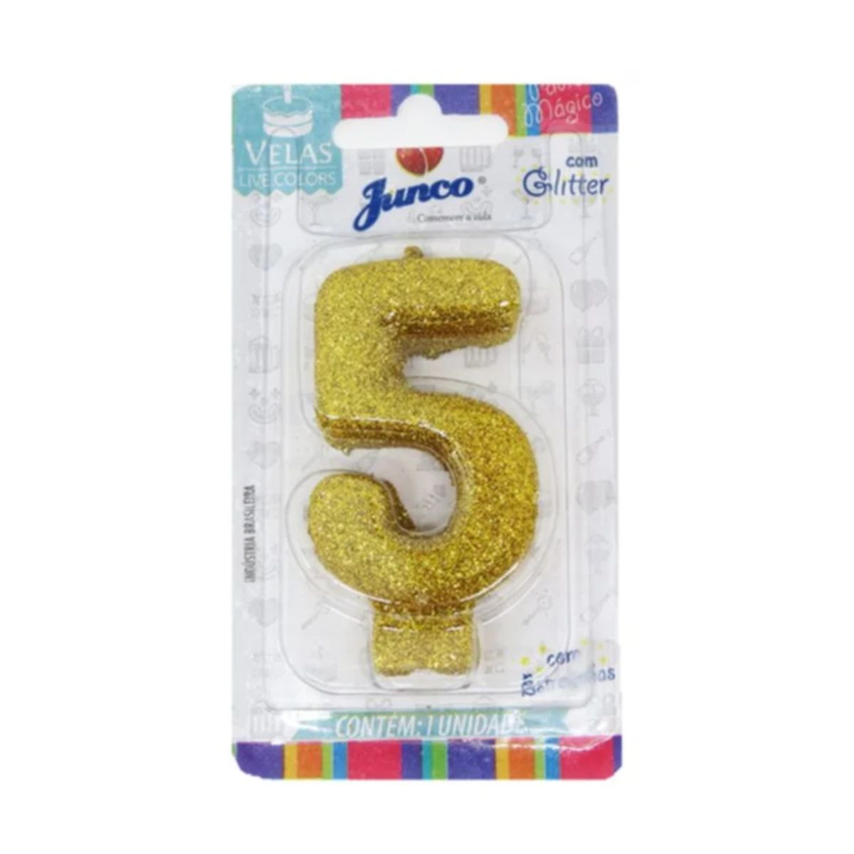 Vela de Aniversário Live Colors com Glitter Junco N.5 Ouro Unidade