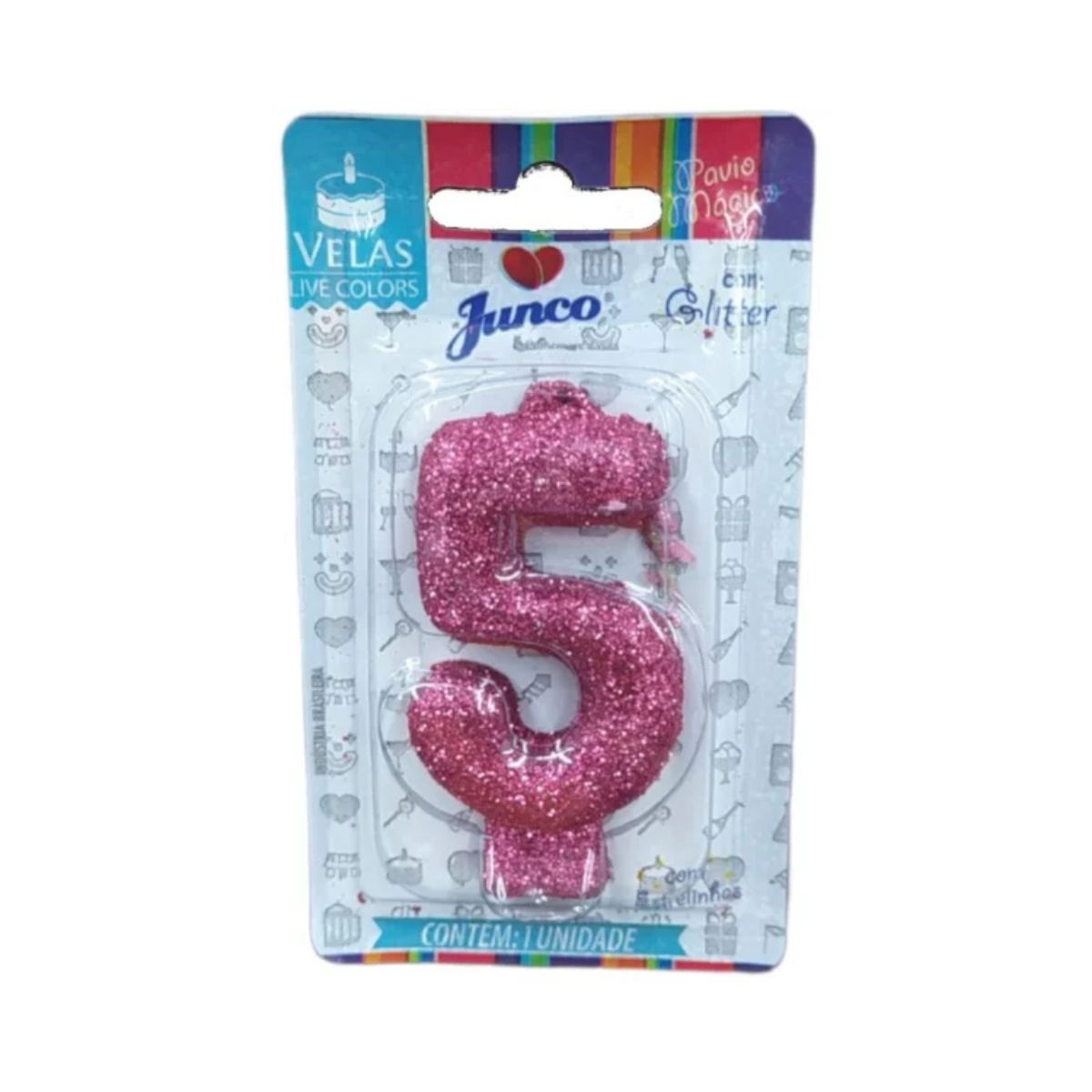 Vela de Aniversário Live Colors com Glitter Junco N.5 Pink Unidade